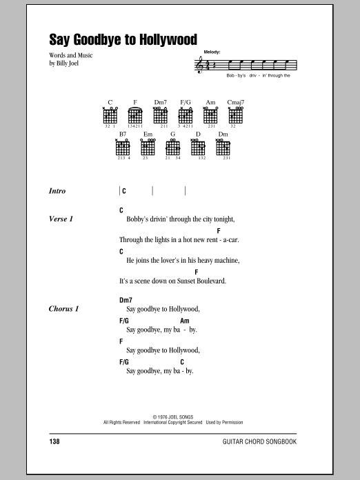 Billy Joel Say Goodbye To Hollywood sheet music notes and chords. Download Printable PDF.