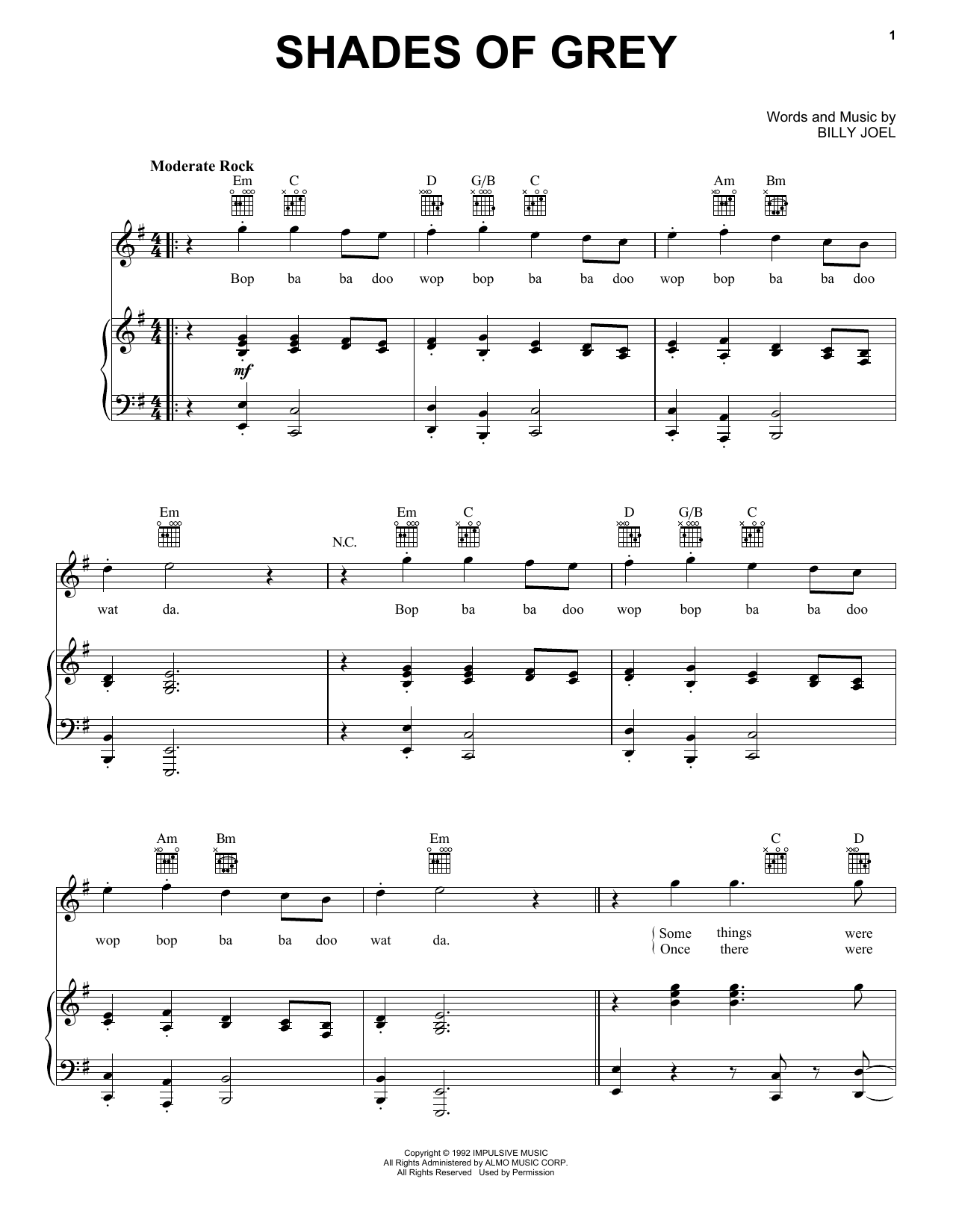 Learn to play Billy Joel Shades Of Grey sheet music for Piano, Vocal & Guitar Chords (Right-Hand Melody) in minutes. Price: 7.8900$ Billy Joel Shades Of Grey sheet music notes and chords arranged for Piano, Vocal & Guitar Chords (Right-Hand Melody)