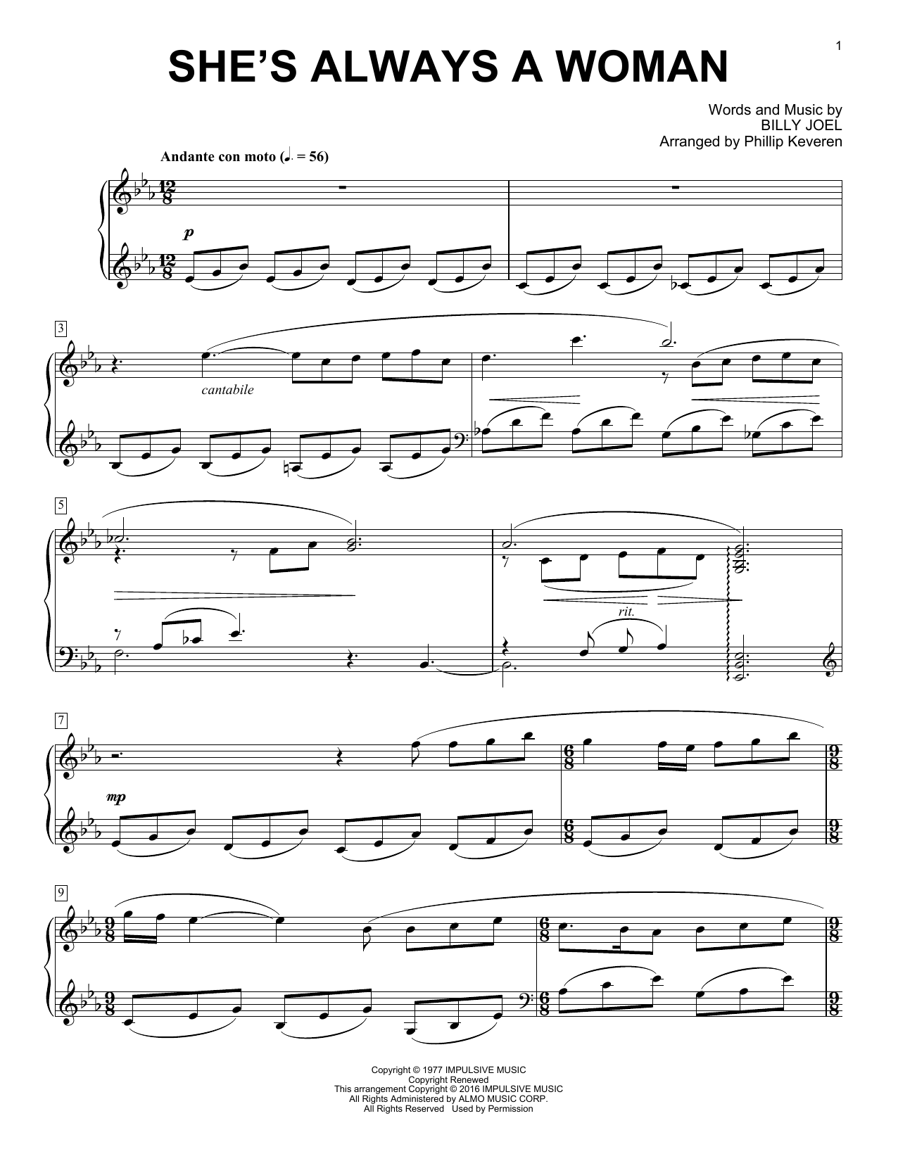 Billy Joel She's Always A Woman [Classical version] (arr. Phillip Keveren) sheet music notes and chords. Download Printable PDF.