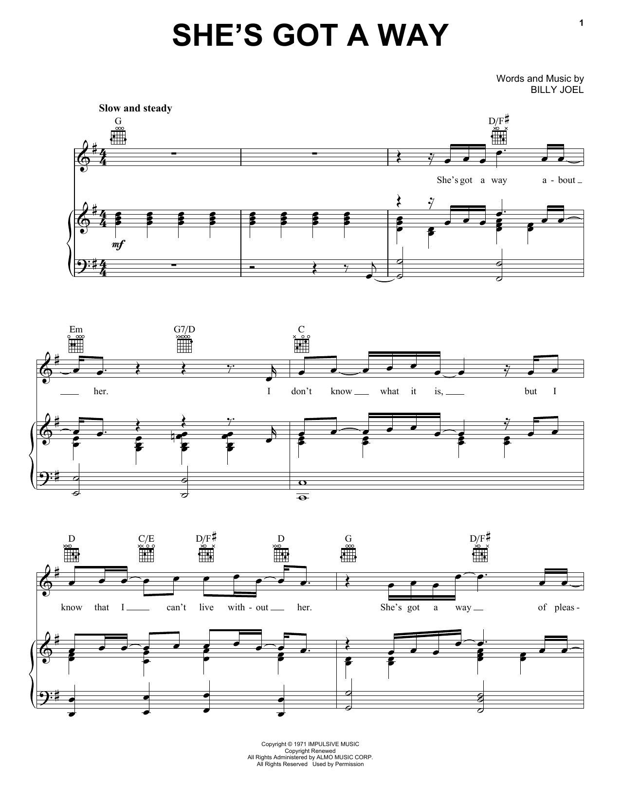 Billy Joel She's Got A Way sheet music notes and chords. Download Printable PDF.