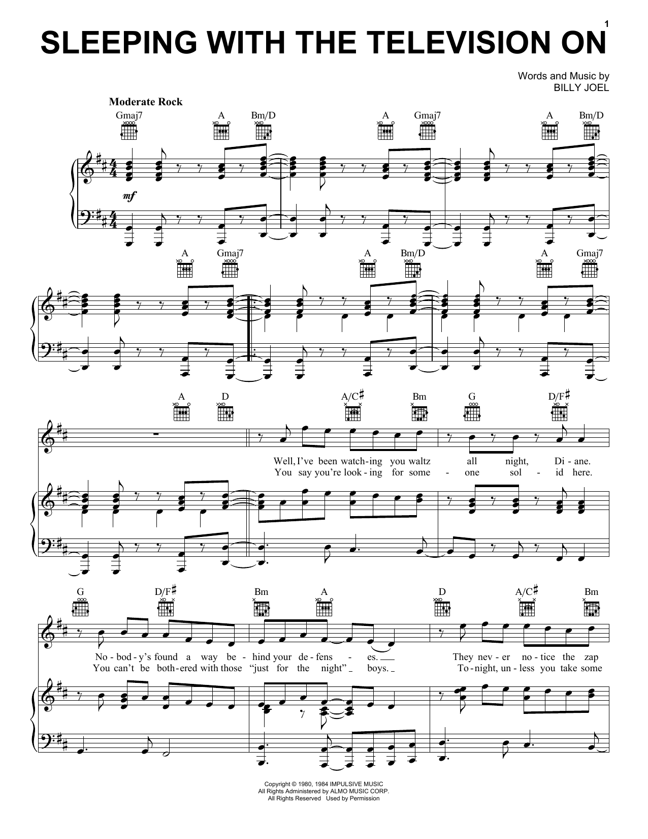 Learn to play Billy Joel Sleeping With The Television On sheet music for Piano, Vocal & Guitar Chords (Right-Hand Melody) in minutes. Price: 6.9900$ Billy Joel Sleeping With The Television On sheet music notes and chords arranged for Piano, Vocal & Guitar Chords (Right-Hand Melody)