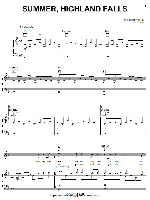 Billy Joel Summer, Highland Falls sheet music notes and chords. Download Printable PDF.