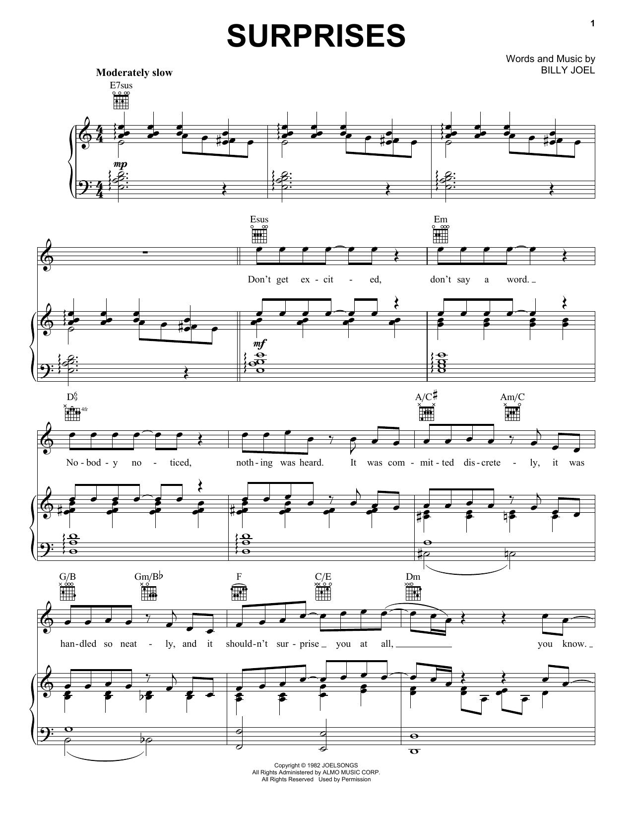 Learn to play Billy Joel Surprises sheet music for Piano, Vocal & Guitar Chords (Right-Hand Melody) in minutes. Price: 7.8900$ Billy Joel Surprises sheet music notes and chords arranged for Piano, Vocal & Guitar Chords (Right-Hand Melody)