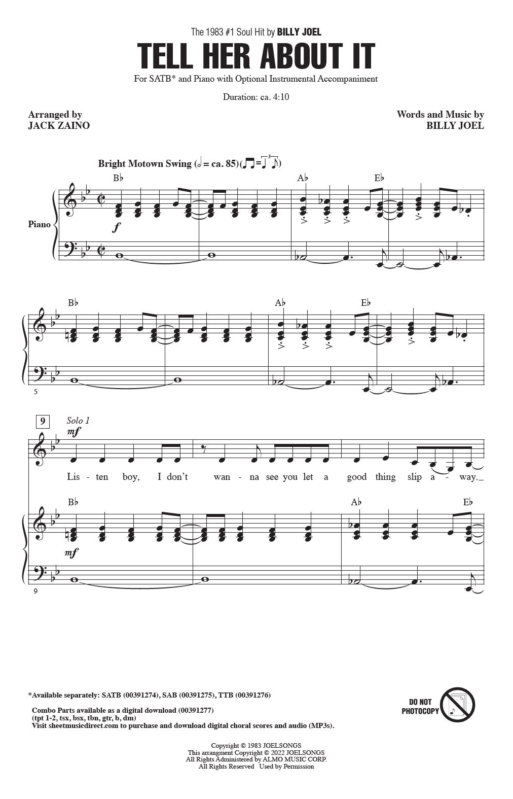 Billy Joel Tell Her About It (arr. Jack Zaino) sheet music notes and chords. Download Printable PDF.