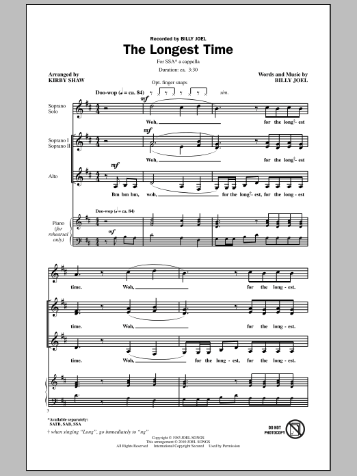 Learn to play Kirby Shaw The Longest Time sheet music for SSA Choir in minutes. Price: 3.9900$ Kirby Shaw The Longest Time sheet music notes and chords arranged for SSA Choir