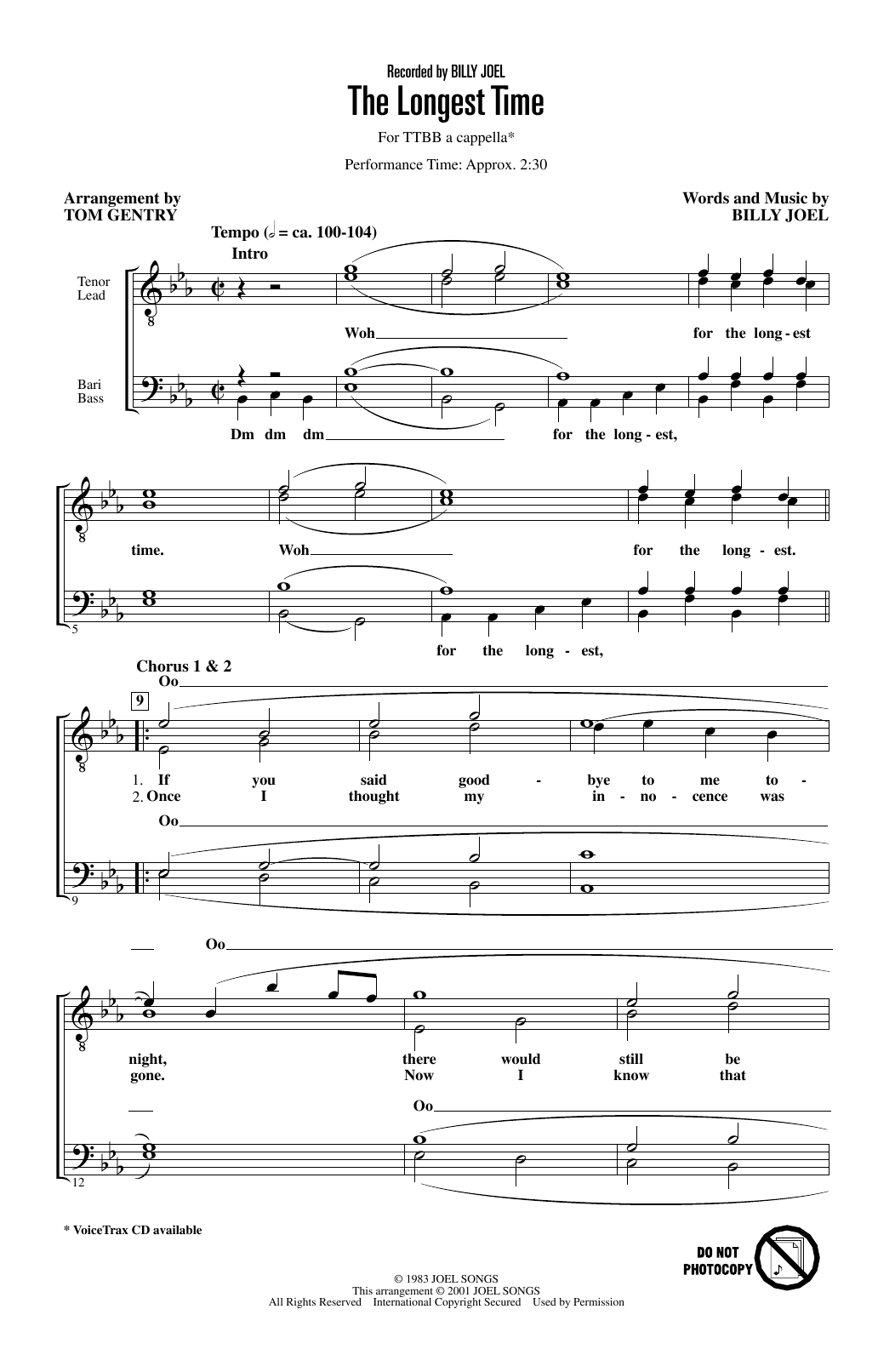 Billy Joel The Longest Time (arr. Tom Gentry) sheet music notes and chords. Download Printable PDF.