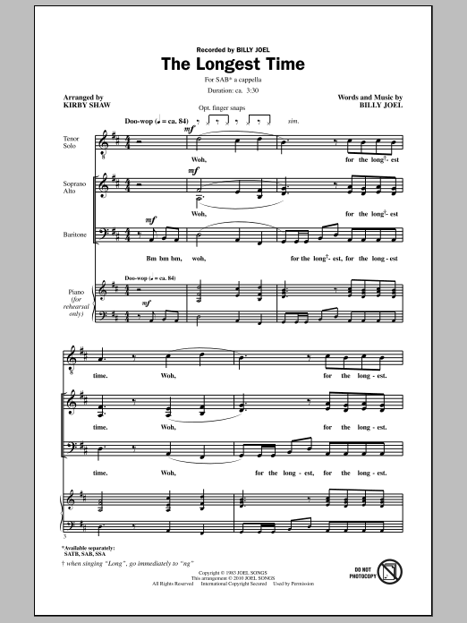 Kirby Shaw The Longest Time (SAB with Tenor Solo) sheet music notes and chords. Download Printable PDF.