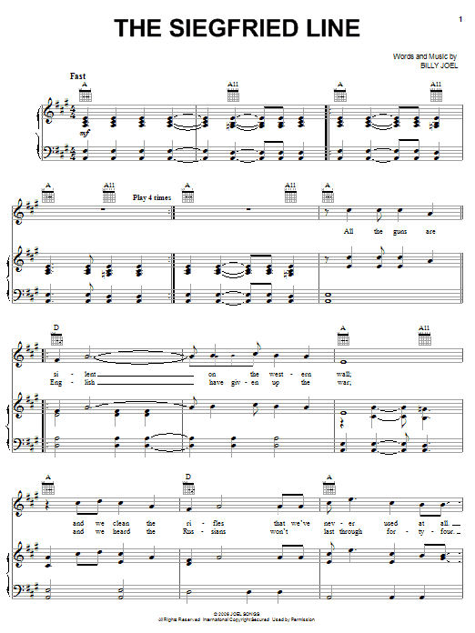 Learn to play Billy Joel The Siegfried Line sheet music for Piano, Vocal & Guitar Chords (Right-Hand Melody) in minutes. Price: 7.8900$ Billy Joel The Siegfried Line sheet music notes and chords arranged for Piano, Vocal & Guitar Chords (Right-Hand Melody)