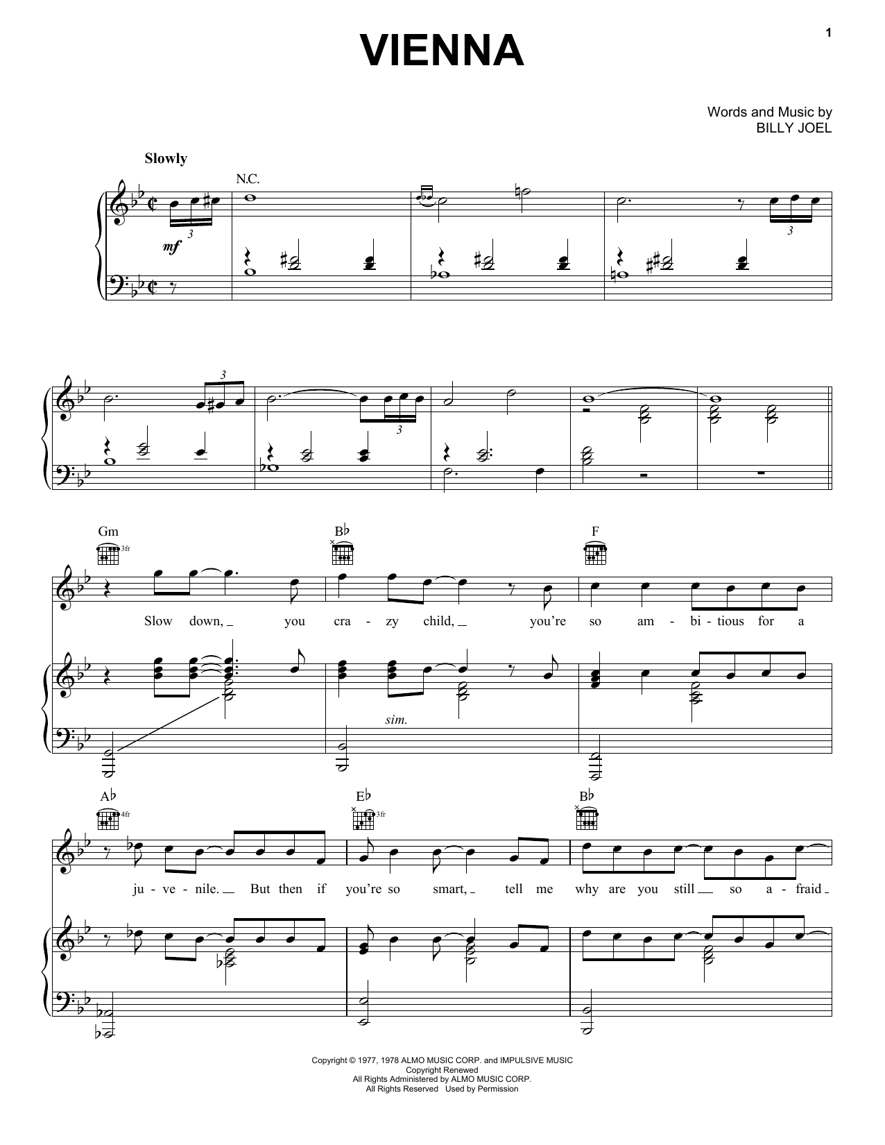 Billy Joel Vienna sheet music notes and chords arranged for Cello Solo