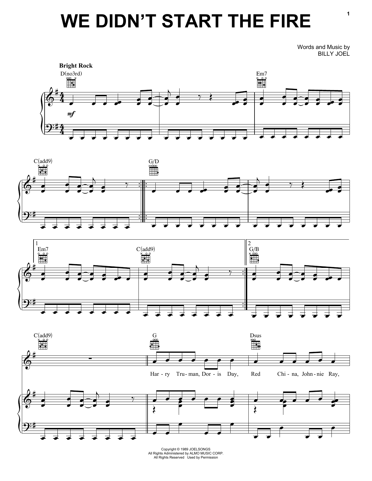 Billy Joel We Didn't Start The Fire sheet music notes and chords. Download Printable PDF.