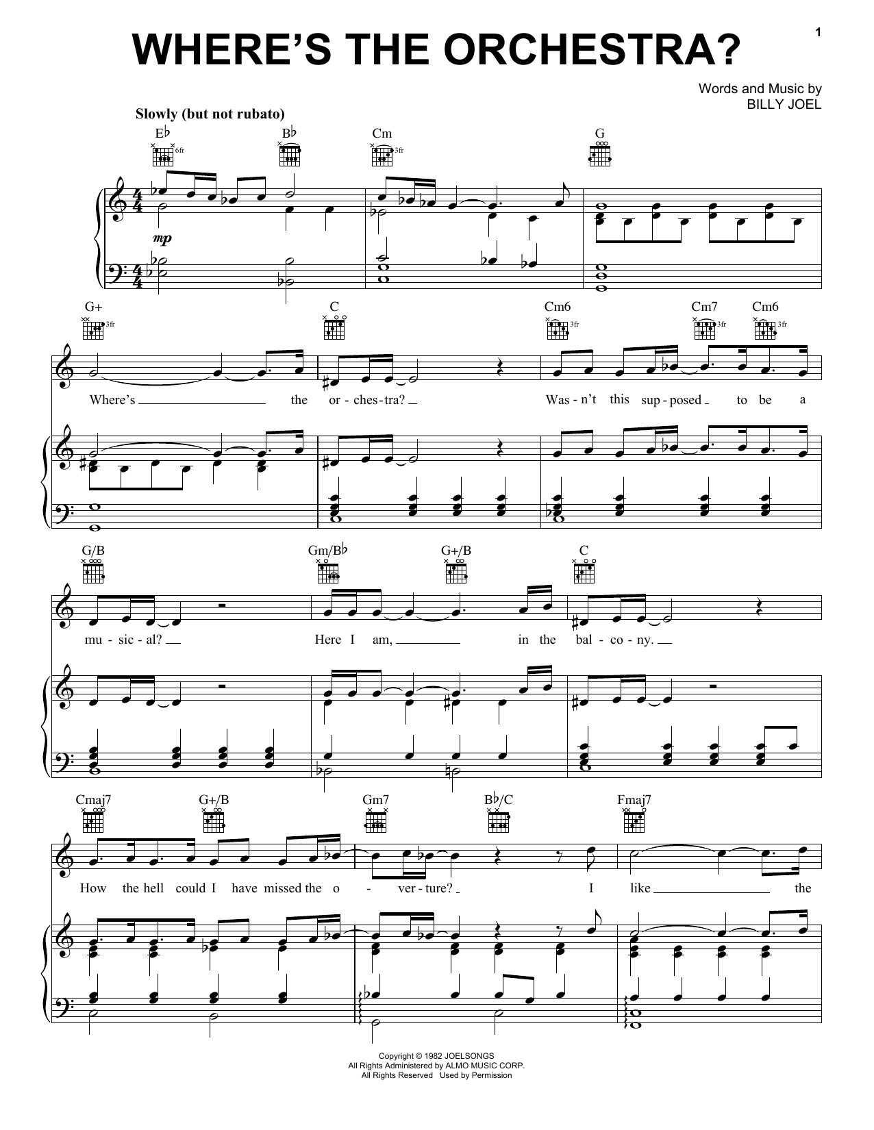 Learn to play Billy Joel Where's The Orchestra? sheet music for Piano, Vocal & Guitar Chords (Right-Hand Melody) in minutes. Price: 7.8900$ Billy Joel Where's The Orchestra? sheet music notes and chords arranged for Piano, Vocal & Guitar Chords (Right-Hand Melody)