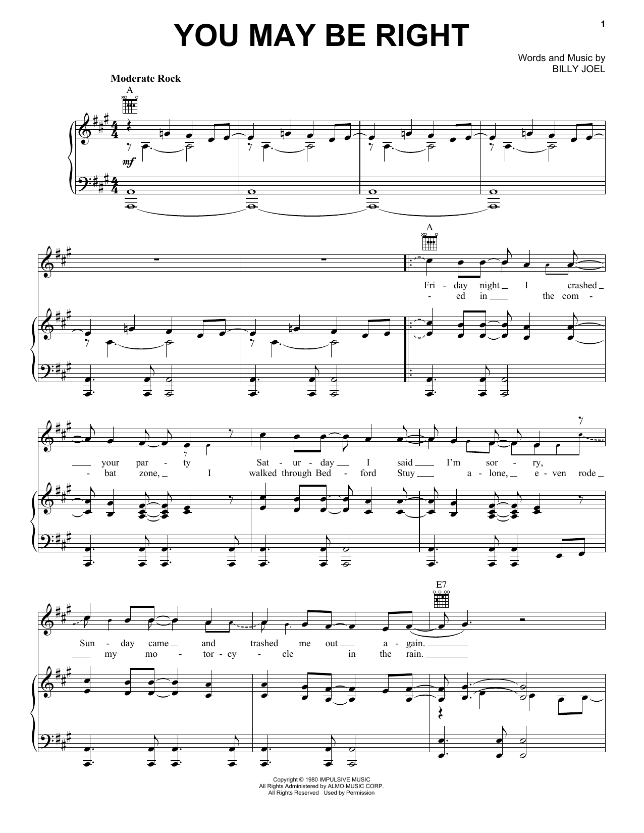 Billy Joel You May Be Right sheet music notes and chords. Download Printable PDF.