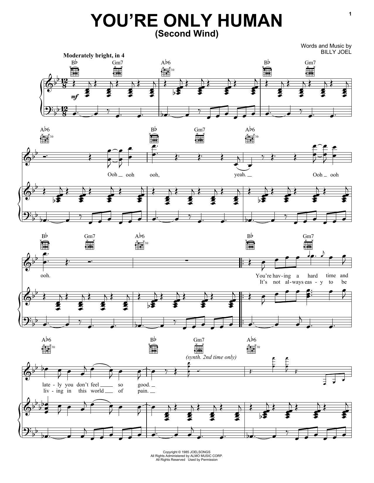 Billy Joel You're Only Human (Second Wind) sheet music notes and chords. Download Printable PDF.