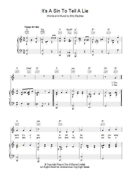 Billy Mayhew It's A Sin To Tell A Lie sheet music notes and chords. Download Printable PDF.