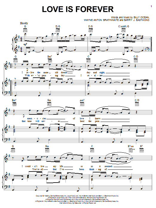 Learn to play Billy Ocean Love Is Forever sheet music for Piano, Vocal & Guitar Chords (Right-Hand Melody) in minutes. Price: 7.8900$ Billy Ocean Love Is Forever sheet music notes and chords arranged for Piano, Vocal & Guitar Chords (Right-Hand Melody)