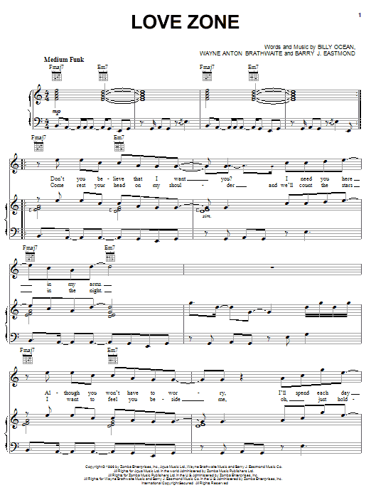 Learn to play Billy Ocean Love Zone sheet music for Piano, Vocal & Guitar Chords (Right-Hand Melody) in minutes. Price: 7.8900$ Billy Ocean Love Zone sheet music notes and chords arranged for Piano, Vocal & Guitar Chords (Right-Hand Melody)
