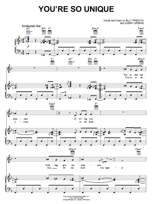 Learn to play Billy Preston You're So Unique sheet music for Piano, Vocal & Guitar Chords (Right-Hand Melody) in minutes. Price: 7.8900$ Billy Preston You're So Unique sheet music notes and chords arranged for Piano, Vocal & Guitar Chords (Right-Hand Melody)