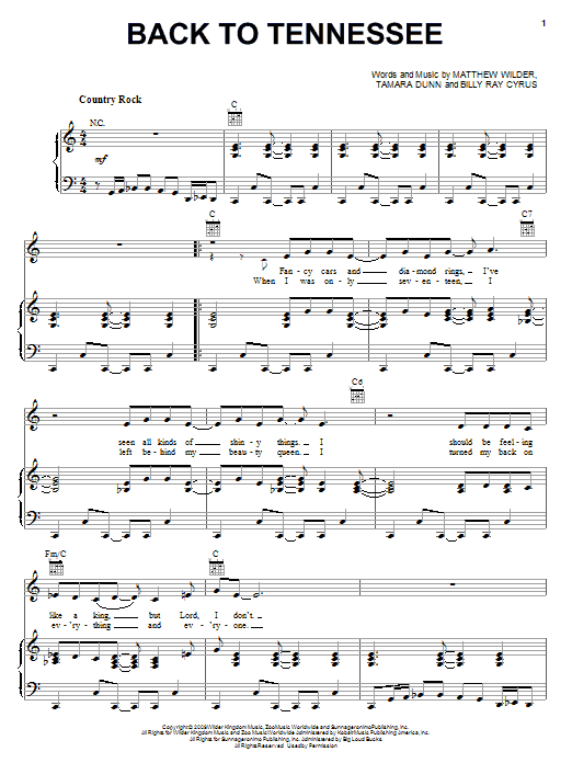 Learn to play Billy Ray Cyrus Back To Tennessee sheet music for Piano, Vocal & Guitar Chords (Right-Hand Melody) in minutes. Price: 7.8900$ Billy Ray Cyrus Back To Tennessee sheet music notes and chords arranged for Piano, Vocal & Guitar Chords (Right-Hand Melody)