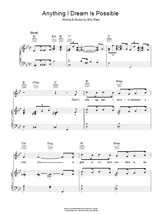 Learn to play Billy Reid Anything I Dream Is Possible sheet music for Piano, Vocal & Guitar Chords in minutes. Price: 7.8900$ Billy Reid Anything I Dream Is Possible sheet music notes and chords arranged for Piano, Vocal & Guitar Chords