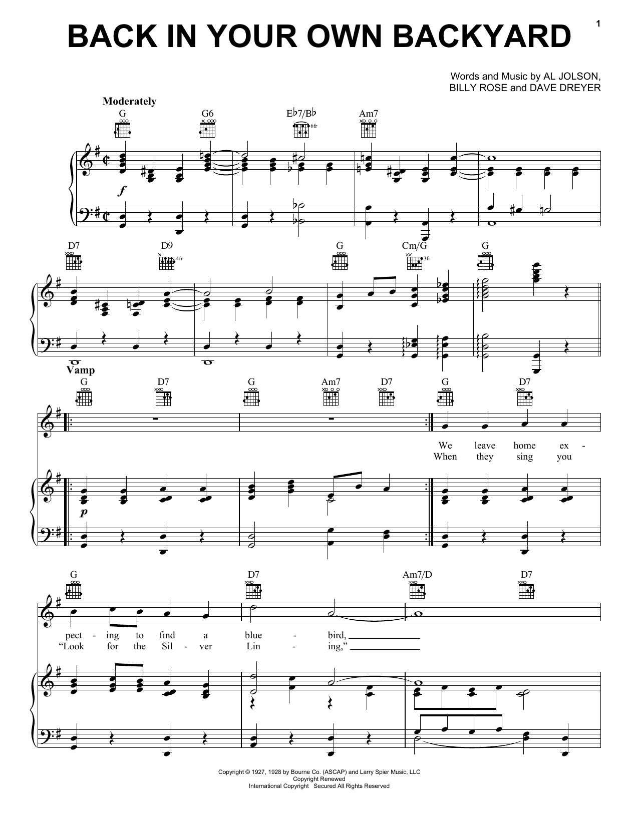 Learn to play Billy Rose Back In Your Own Backyard sheet music for Piano, Vocal & Guitar Chords (Right-Hand Melody) in minutes. Price: 7.8900$ Billy Rose Back In Your Own Backyard sheet music notes and chords arranged for Piano, Vocal & Guitar Chords (Right-Hand Melody)