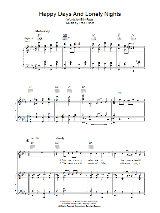 Learn to play Billy Rose Happy Days And Lonely Nights sheet music for Piano, Vocal & Guitar Chords in minutes. Price: 7.8900$ Billy Rose Happy Days And Lonely Nights sheet music notes and chords arranged for Piano, Vocal & Guitar Chords