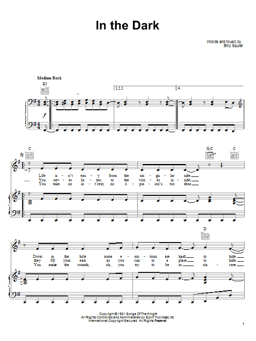 Learn to play Billy Squier In The Dark sheet music for Piano, Vocal & Guitar Chords (Right-Hand Melody) in minutes. Price: 7.8900$ Billy Squier In The Dark sheet music notes and chords arranged for Piano, Vocal & Guitar Chords (Right-Hand Melody)