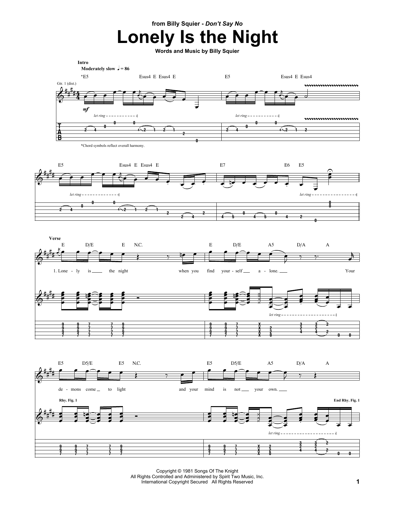 Billy Squier Lonely Is The Night sheet music notes and chords. Download Printable PDF.