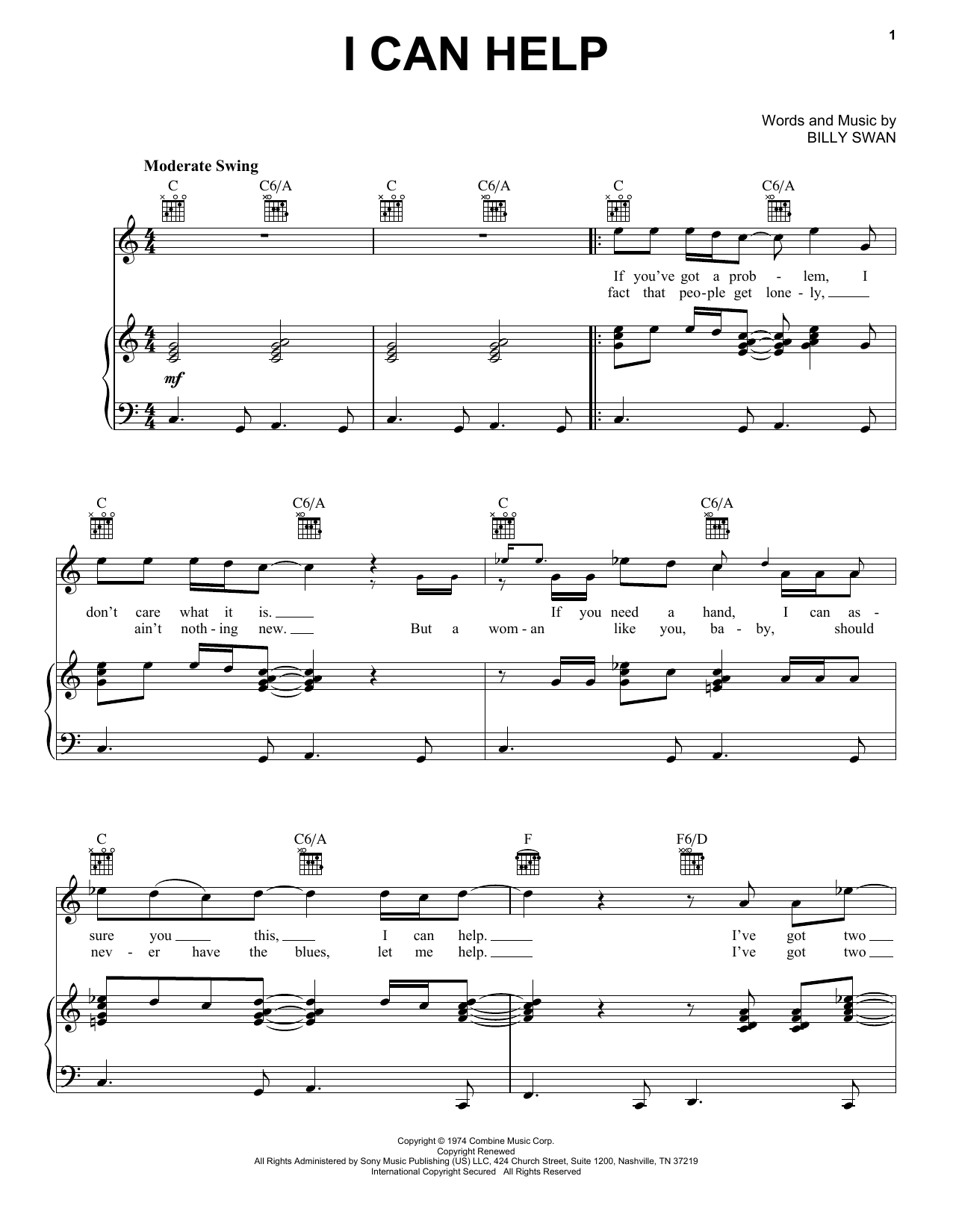 Billy Swan I Can Help sheet music notes and chords. Download Printable PDF.