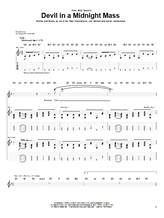Learn to play Billy Talent Devil In A Midnight Mass sheet music for Guitar Tab in minutes. Price: 7.8900$ Billy Talent Devil In A Midnight Mass sheet music notes and chords arranged for Guitar Tab