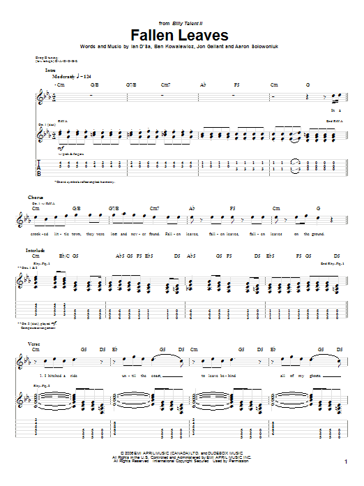 Billy Talent Fallen Leaves sheet music notes and chords. Download Printable PDF.