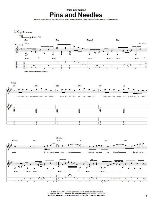 Billy Talent Pins And Needles sheet music notes and chords arranged for Guitar Tab