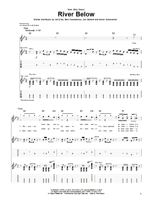 Learn to play Billy Talent River Below sheet music for Guitar Tab in minutes. Price: 7.8900$ Billy Talent River Below sheet music notes and chords arranged for Guitar Tab