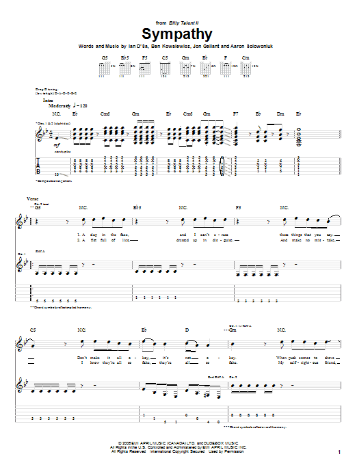 Learn to play Billy Talent Sympathy sheet music for Guitar Tab in minutes. Price: 7.8900$ Billy Talent Sympathy sheet music notes and chords arranged for Guitar Tab