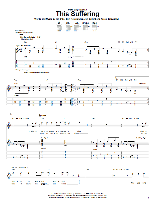 Learn to play Billy Talent This Suffering sheet music for Guitar Tab in minutes. Price: 7.8900$ Billy Talent This Suffering sheet music notes and chords arranged for Guitar Tab