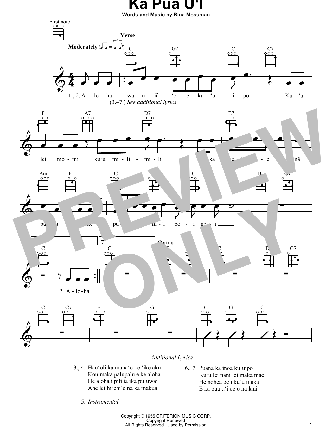 Learn to play Bina Mossman Ka Pua U'I sheet music for Ukulele in minutes. Price: 5.9900$ Bina Mossman Ka Pua U'I sheet music notes and chords arranged for Ukulele