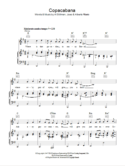 Bing Crosby Copacabana sheet music notes and chords arranged for Piano, Vocal & Guitar Chords