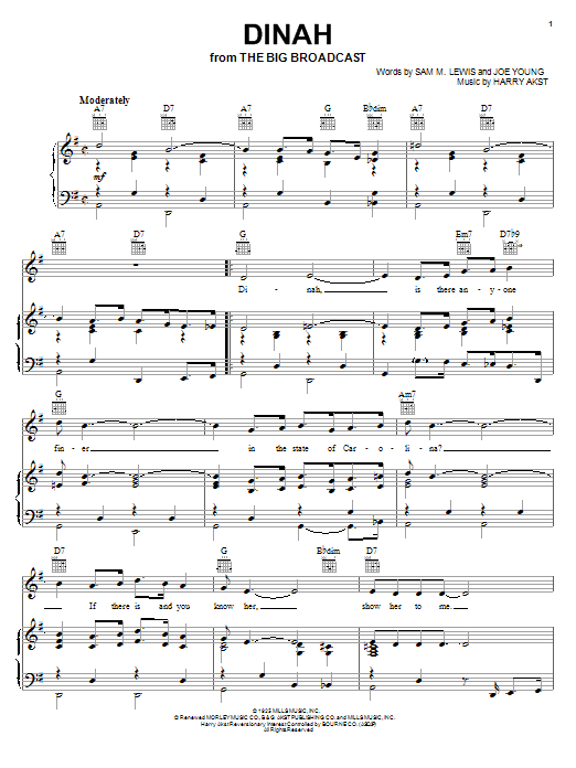 Learn to play Bing Crosby Dinah sheet music for Piano, Vocal & Guitar Chords (Right-Hand Melody) in minutes. Price: 7.8900$ Bing Crosby Dinah sheet music notes and chords arranged for Piano, Vocal & Guitar Chords (Right-Hand Melody)