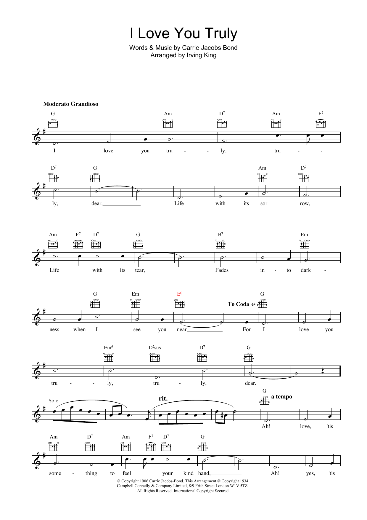 Bing Crosby I Love You Truly sheet music notes and chords arranged for Lead Sheet / Fake Book