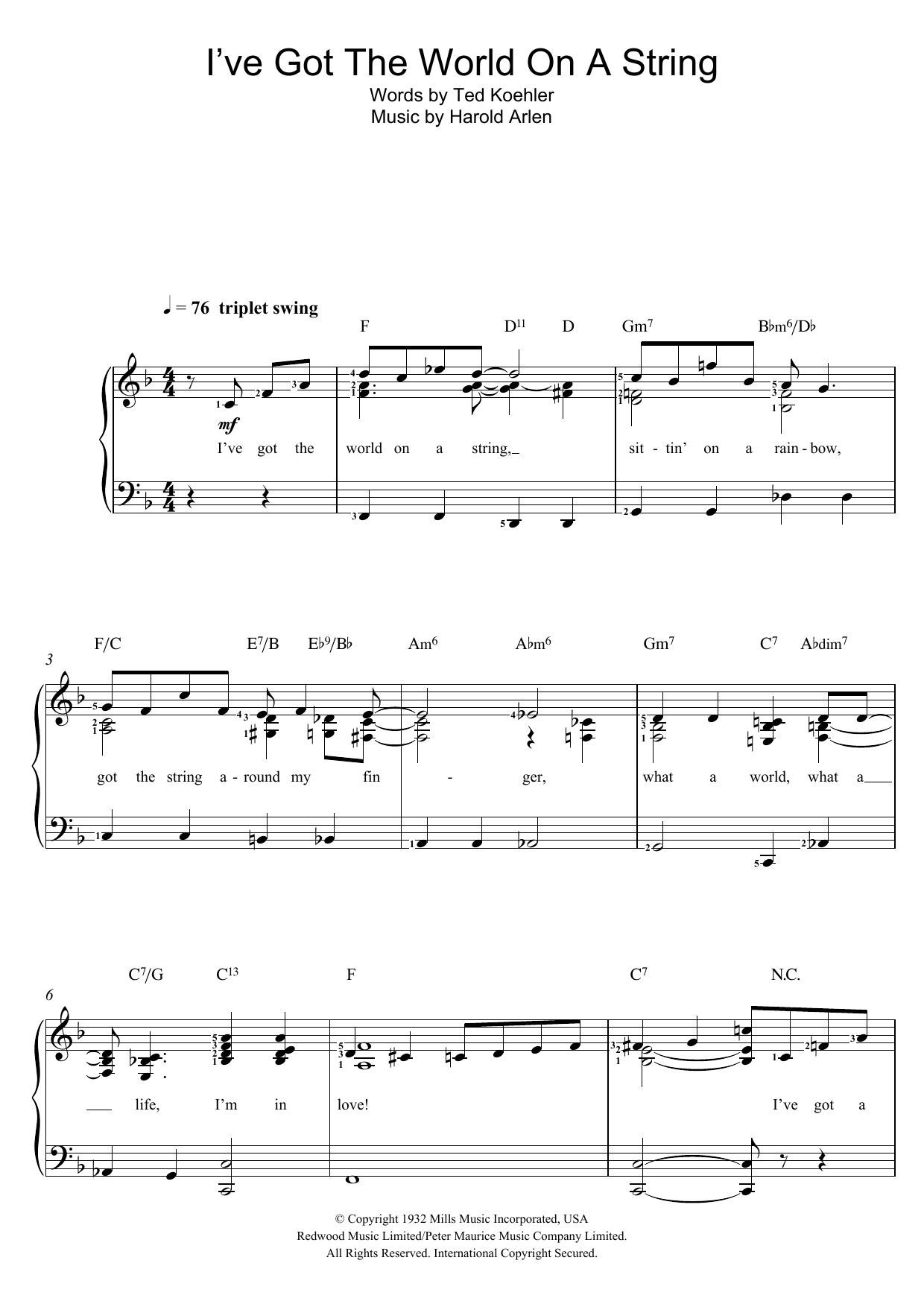 Learn to play Bing Crosby I've Got The World On A String sheet music for Piano, Vocal & Guitar Chords in minutes. Price: 7.8900$ Bing Crosby I've Got The World On A String sheet music notes and chords arranged for Piano, Vocal & Guitar Chords