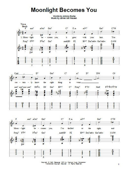 Bing Crosby Moonlight Becomes You sheet music notes and chords arranged for Real Book – Melody, Lyrics & Chords