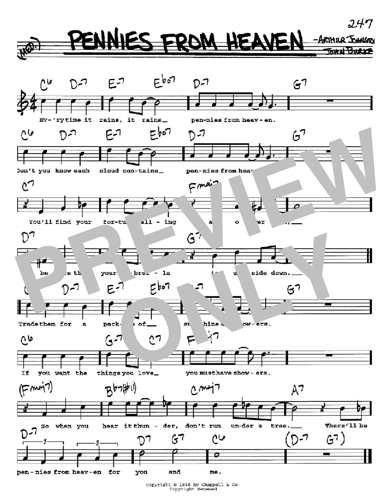 Bing Crosby Pennies From Heaven sheet music notes and chords arranged for Real Book – Melody & Chords – C Instruments