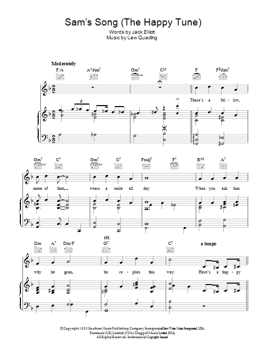 Learn to play Bing Crosby Sam's Song (The Happy Tune) sheet music for Piano, Vocal & Guitar Chords in minutes. Price: 7.8900$ Bing Crosby Sam's Song (The Happy Tune) sheet music notes and chords arranged for Piano, Vocal & Guitar Chords