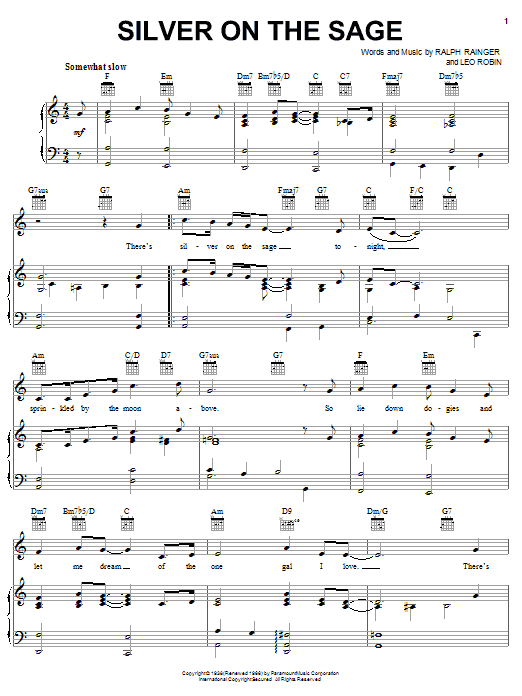 Learn to play Bing Crosby Silver On The Sage sheet music for Piano, Vocal & Guitar Chords (Right-Hand Melody) in minutes. Price: 7.8900$ Bing Crosby Silver On The Sage sheet music notes and chords arranged for Piano, Vocal & Guitar Chords (Right-Hand Melody)