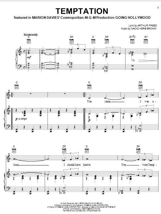 Learn to play Bing Crosby Temptation sheet music for Piano, Vocal & Guitar Chords (Right-Hand Melody) in minutes. Price: 7.8900$ Bing Crosby Temptation sheet music notes and chords arranged for Piano, Vocal & Guitar Chords (Right-Hand Melody)