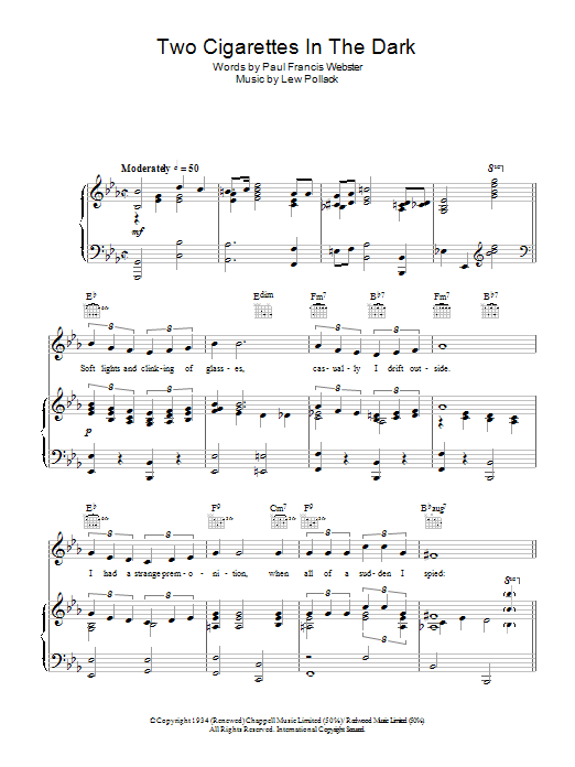 Learn to play Bing Crosby Two Cigarettes In The Dark sheet music for Piano, Vocal & Guitar Chords in minutes. Price: 7.8900$ Bing Crosby Two Cigarettes In The Dark sheet music notes and chords arranged for Piano, Vocal & Guitar Chords