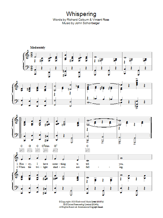 Learn to play Bing Crosby Whispering sheet music for Piano, Vocal & Guitar Chords in minutes. Price: 7.8900$ Bing Crosby Whispering sheet music notes and chords arranged for Piano, Vocal & Guitar Chords