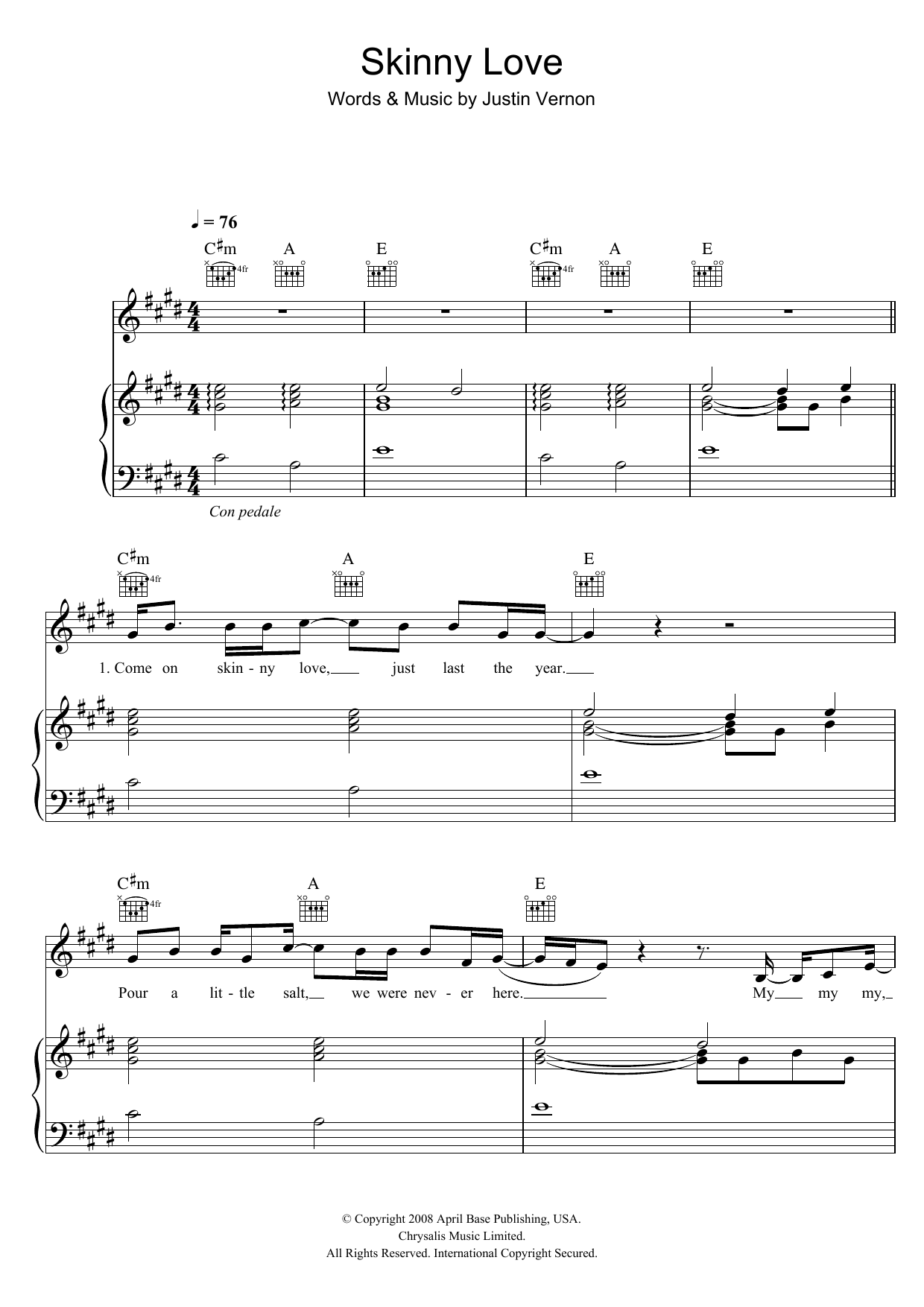 Birdy Skinny Love sheet music notes and chords. Download Printable PDF.