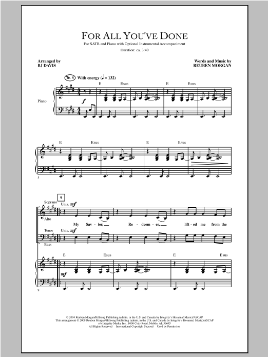 BJ Davis For All You've Done sheet music notes and chords arranged for SATB Choir