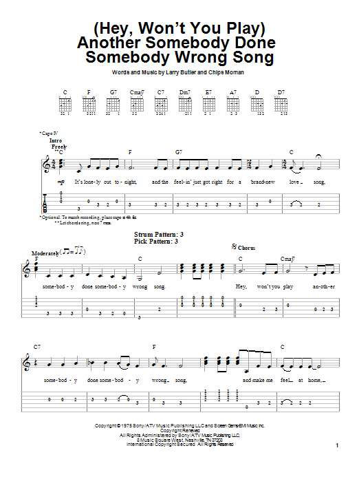 B.J. Thomas (Hey, Won't You Play) Another Somebody Done Somebody Wrong Song sheet music notes and chords. Download Printable PDF.