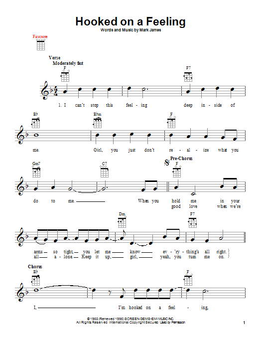 B.J. Thomas Hooked On A Feeling sheet music notes and chords. Download Printable PDF.